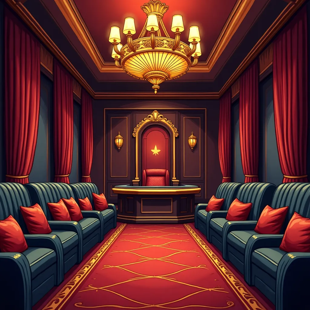 Cartoon VIP lounge with neon accents and premium seating